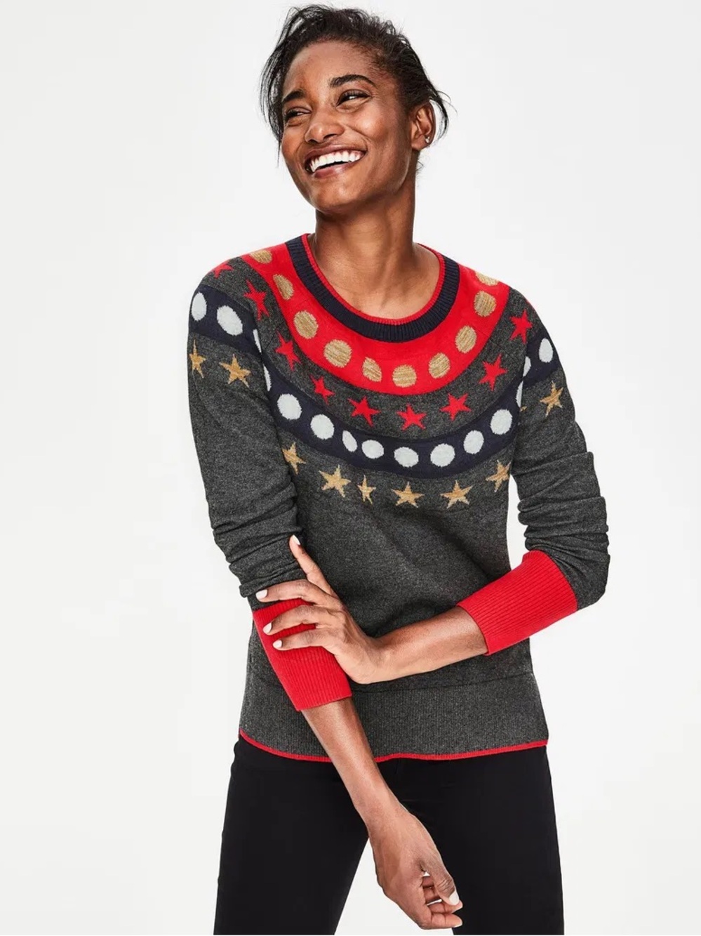 Boden Romy Jumper Charcoal Crewneck Sweater with Red & Gold Fair Isle Motif